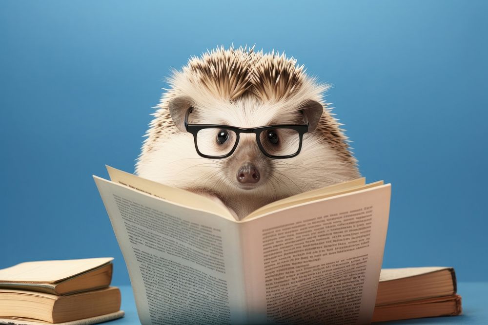 Hedgehog reading publication glasses.