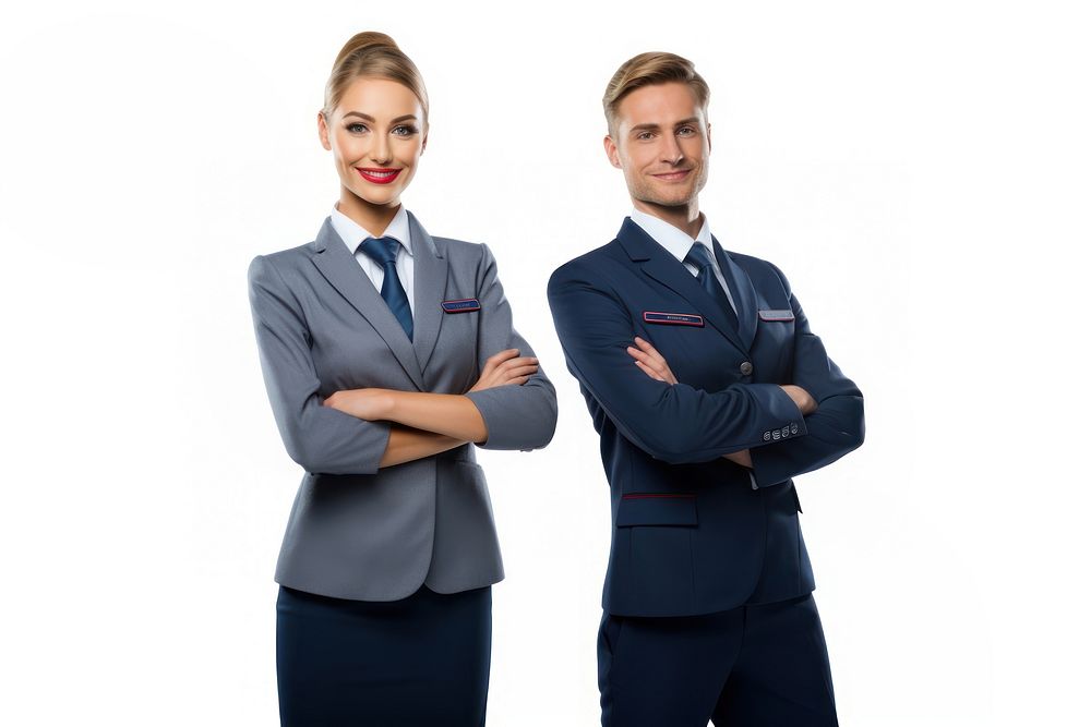 Air hostess and steward adult white background togetherness.