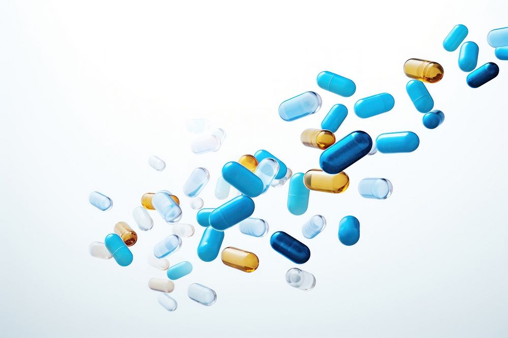 Antibiotic pill Blue and half capsule blue white background. AI generated Image by rawpixel.