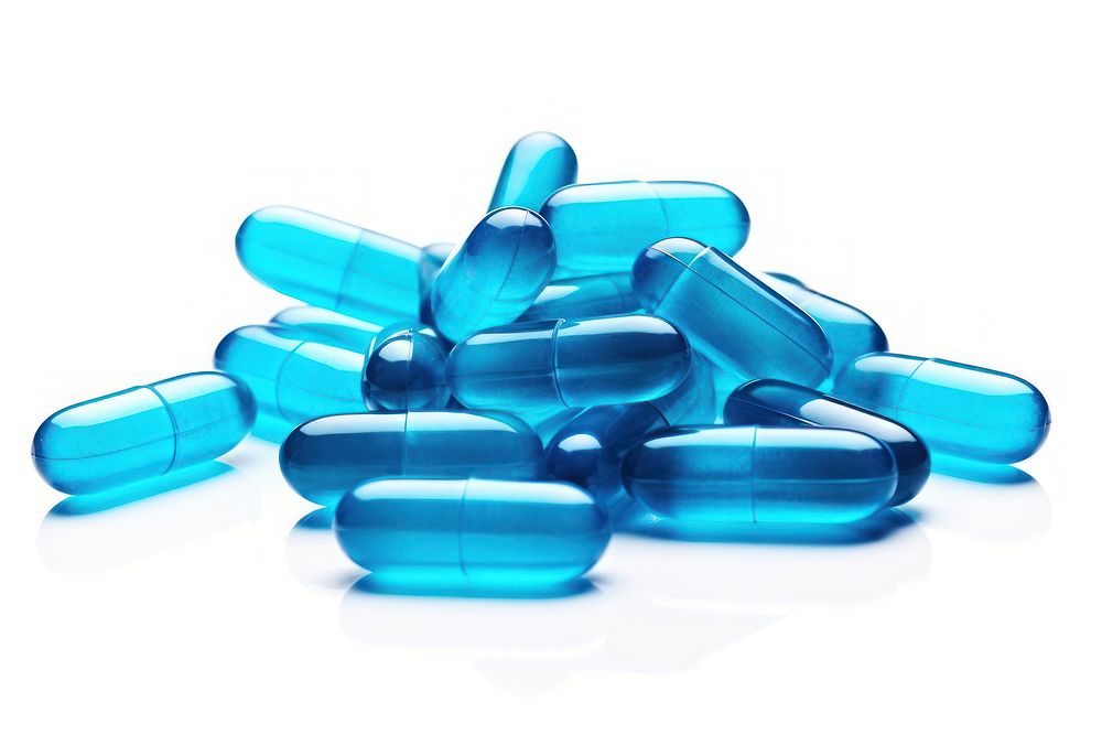 Antibiotic pill Blue capsules falling Healthcare blue white background medication. AI generated Image by rawpixel.