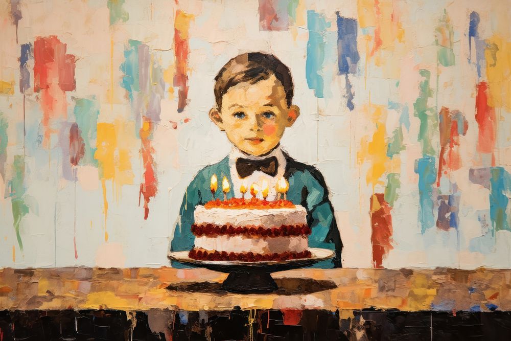  Pixellated a child blowing birthday cake background painting dessert party. AI generated Image by rawpixel.