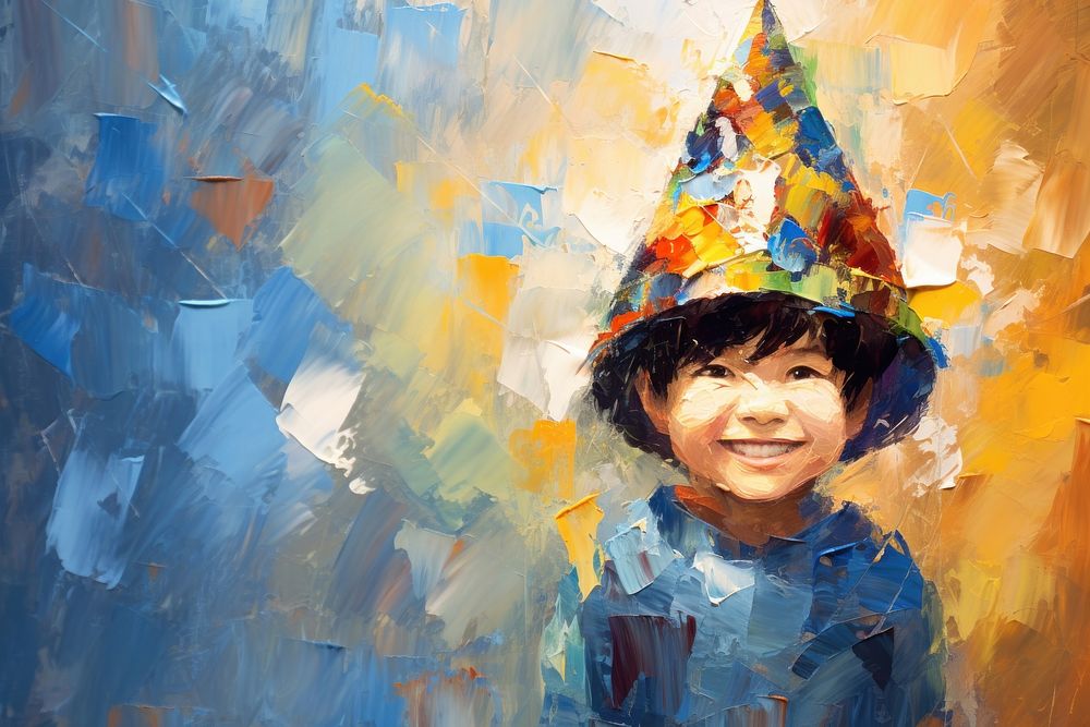  Pixellated a happy child wearing a birthday hat background abstract painting portrait. AI generated Image by rawpixel.