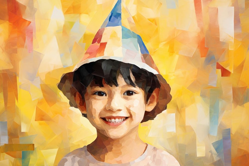  Pixellated a happy child wearing a birthday hat background painting portrait smile. AI generated Image by rawpixel.