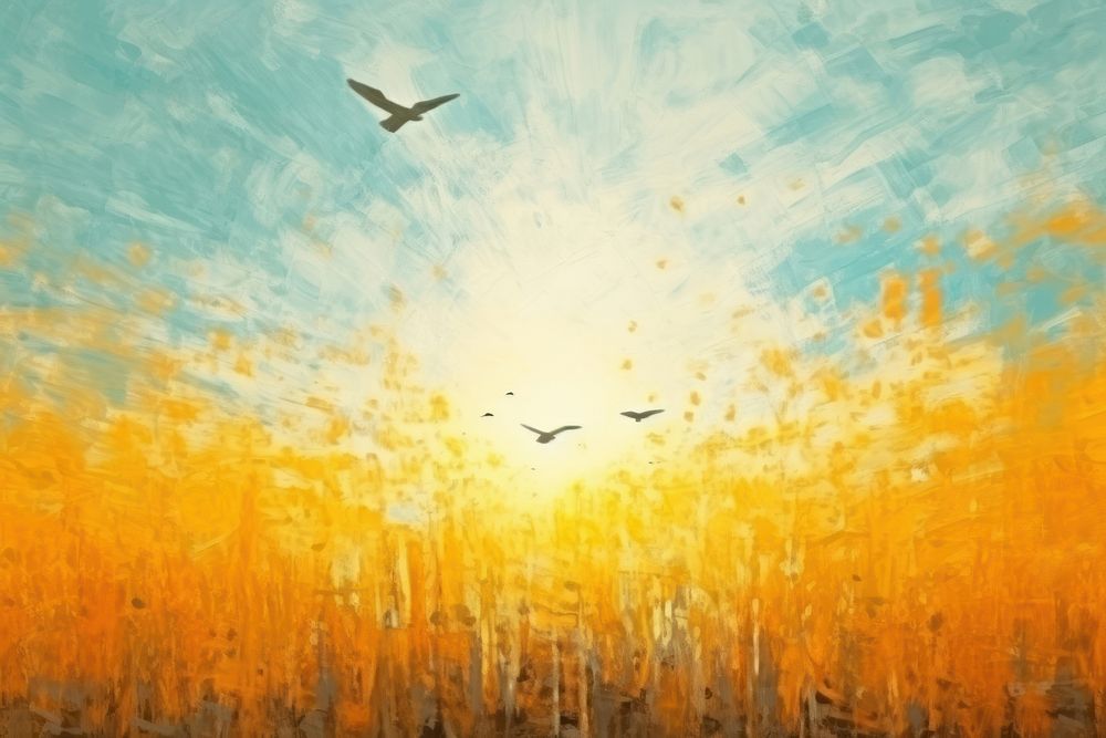  Pixellated grass field with sun and birds flying painting backgrounds landscape. 