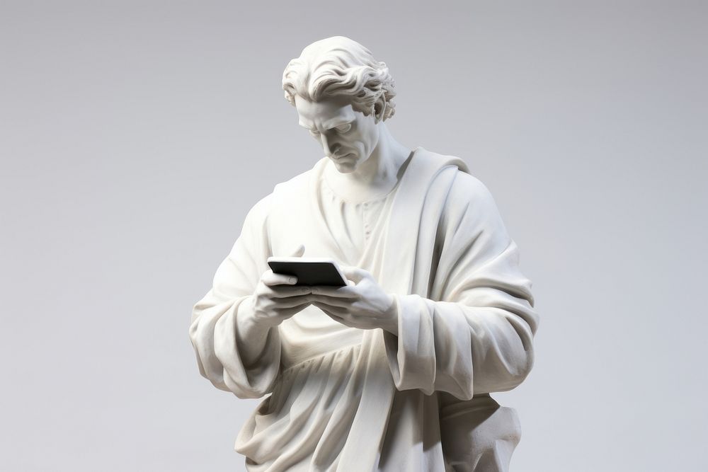 A sculpture of man holding smart phone statue marble representation.