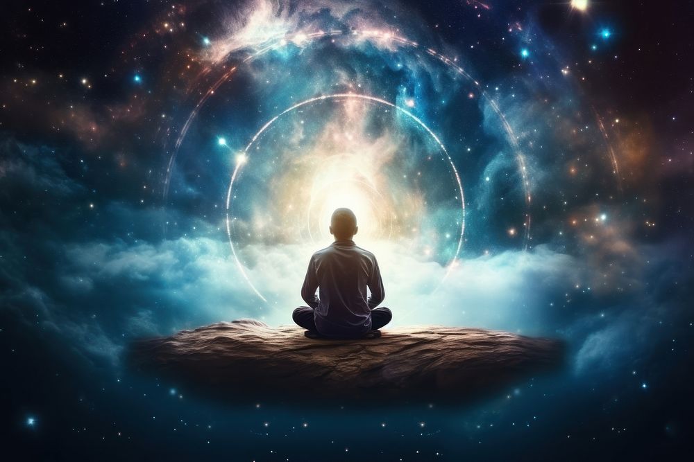  Galaxy meditating outdoors planet. AI generated Image by rawpixel.