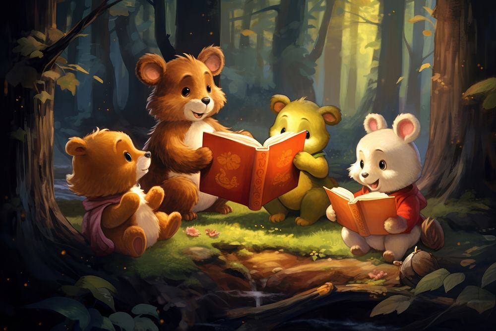 Animals reading a tale book in the fantasy forest lawn cartoon publication cute. AI generated Image by rawpixel.