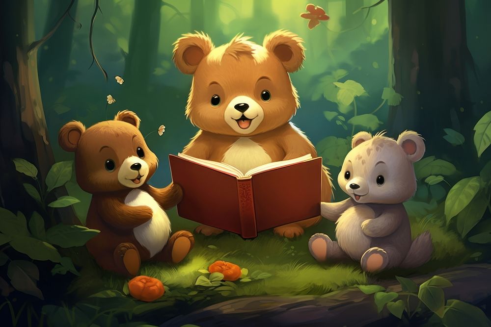 Animals reading a tale book in the fantasy forest lawn cartoon cute bear. AI generated Image by rawpixel.