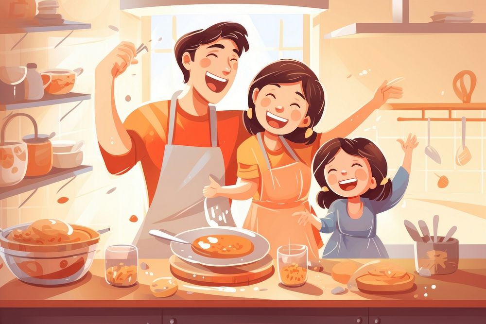 Asian happy family stay at home in kitchen food parent father.