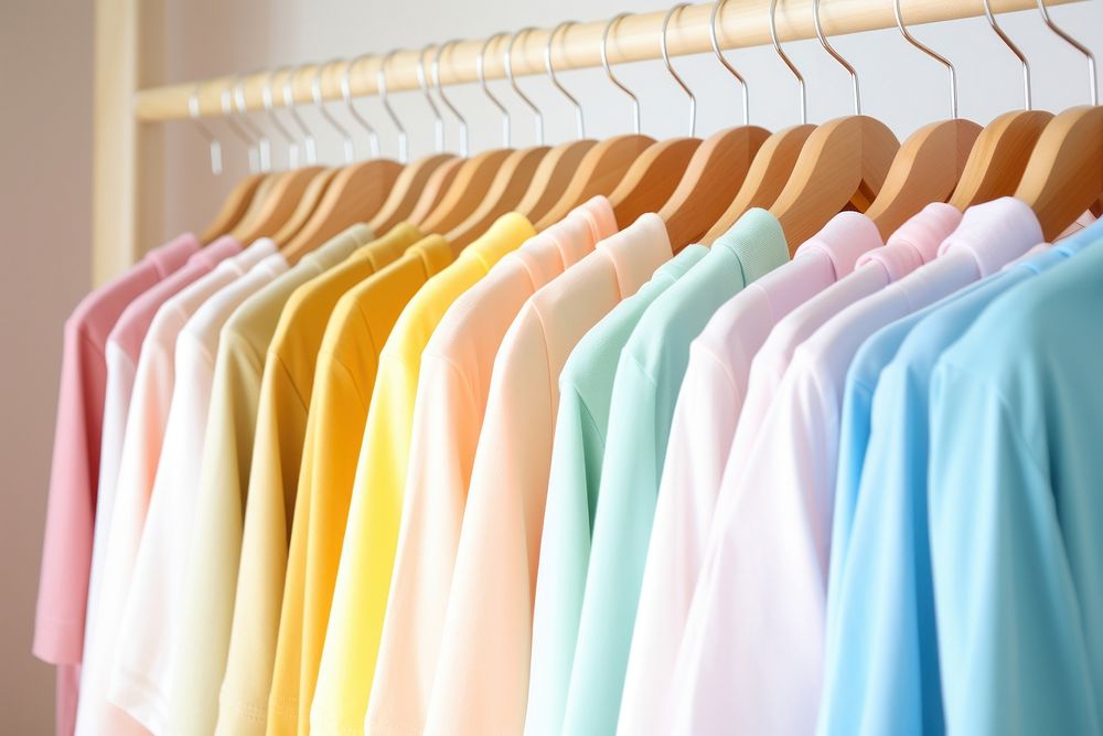 Close up collection of pastel color t-shirts hanging closet hanger rack.