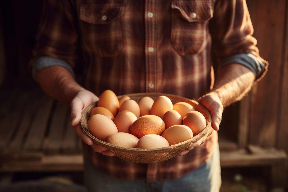 Close up of farmer is showing fresh eggs food agriculture harvesting.