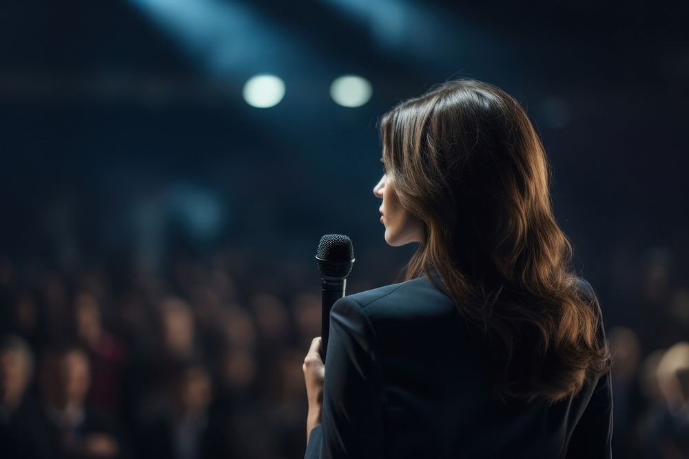 A woman in formal out fit talking in the stage microphone audience adult. AI generated Image by rawpixel.