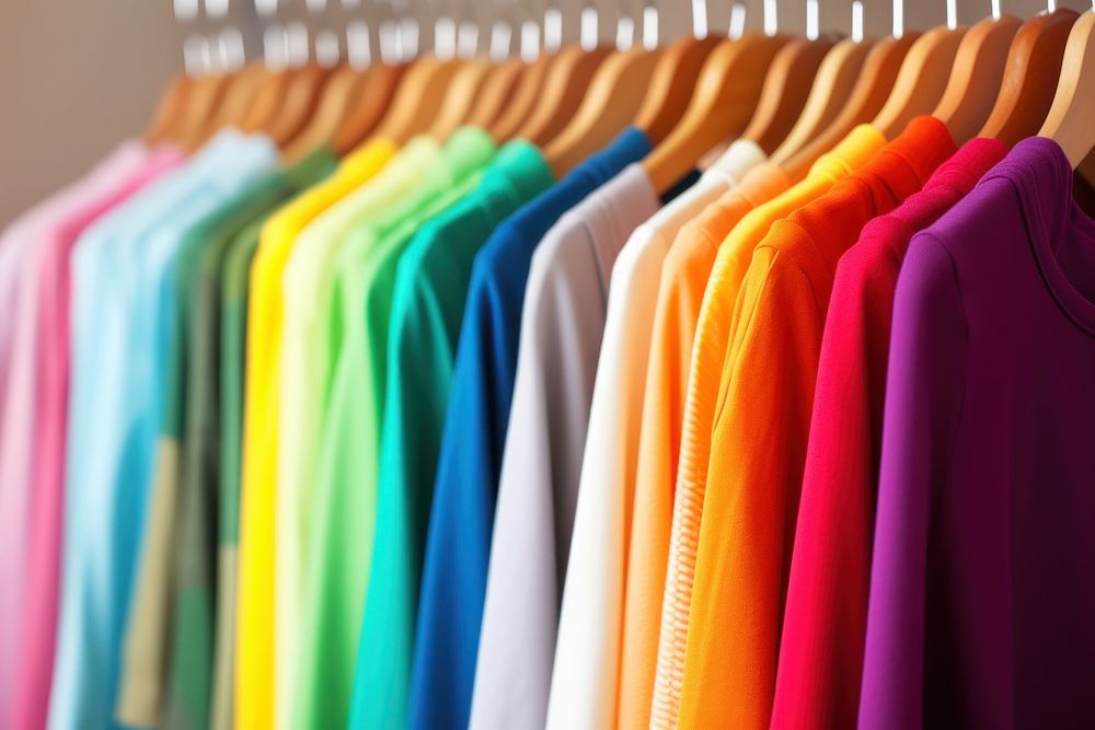 Fashion clothes on clothing rack - bright colorful closet wardrobe fashion store.