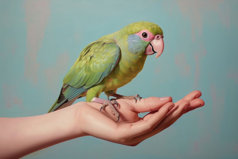 Hand holding small parrot animal finger bird.