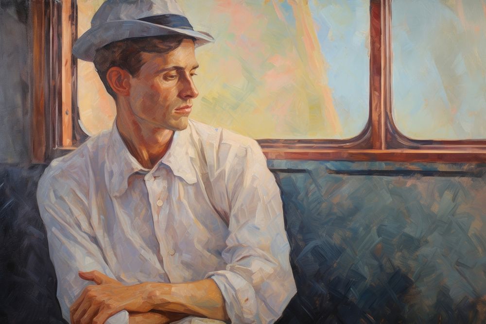 Man sit in the train painting portrait adult.