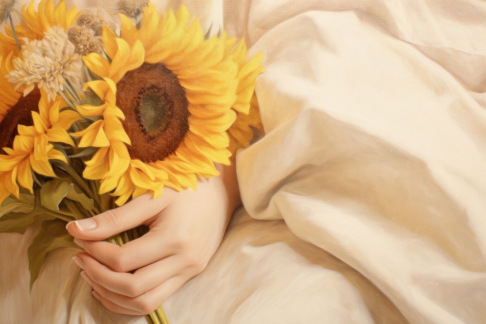 Close up hand hold sun flower sunflower painting petal.