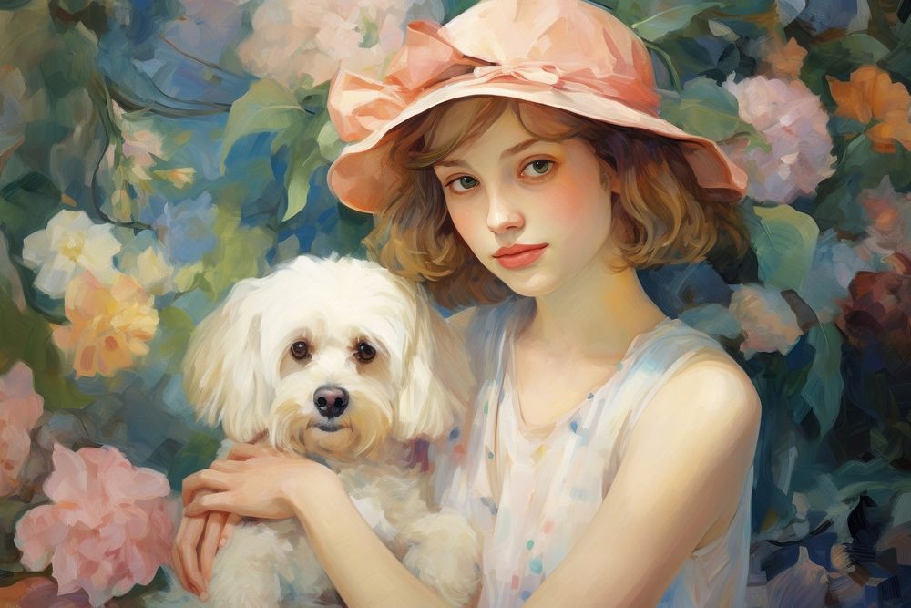 Modern casual woman with dog in the garden painting portrait animal.