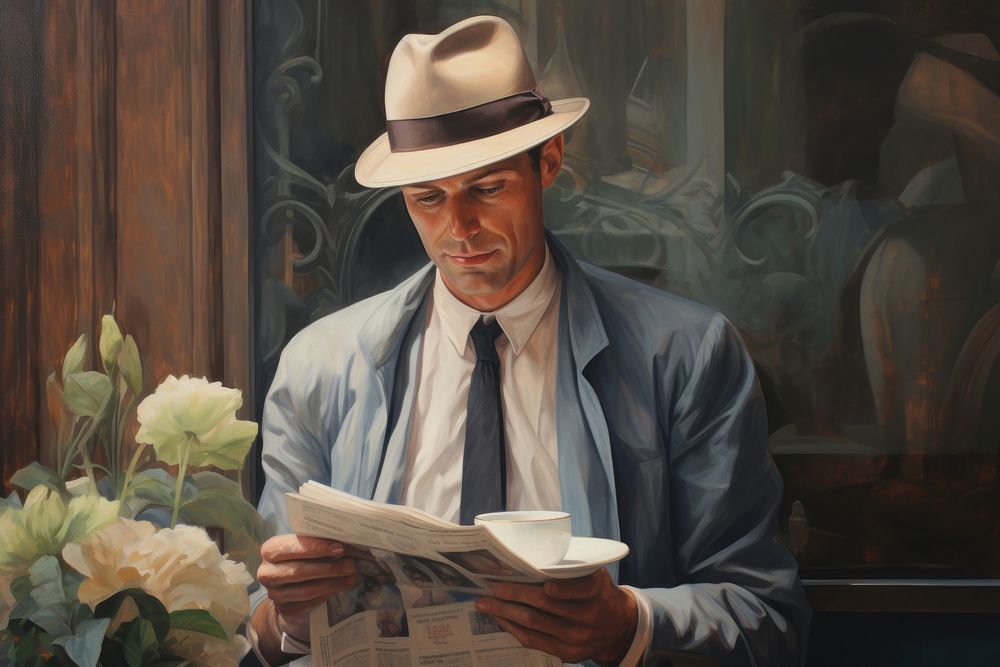 Close up man holding newspapaer painting portrait reading.