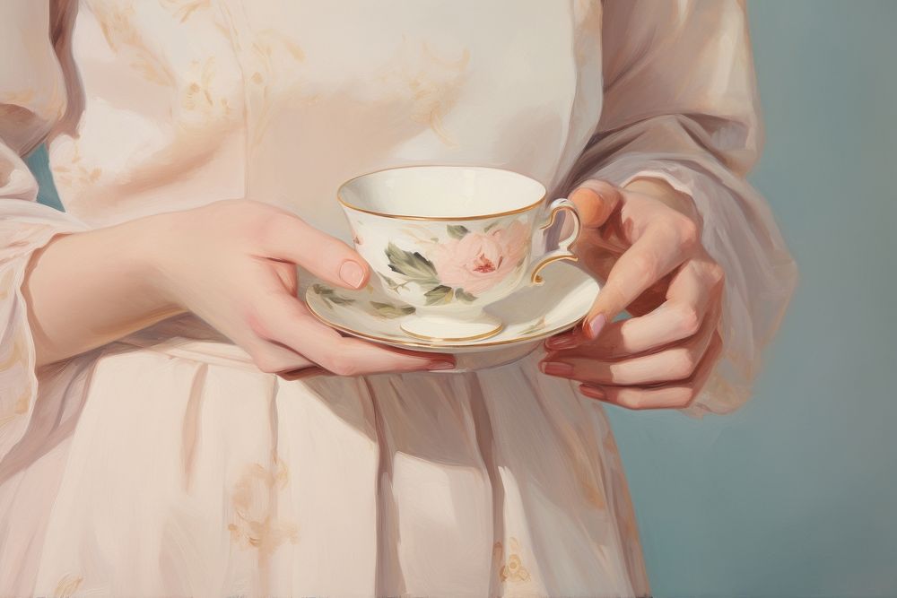 Close up hand hold tea cup painting saucer mug.