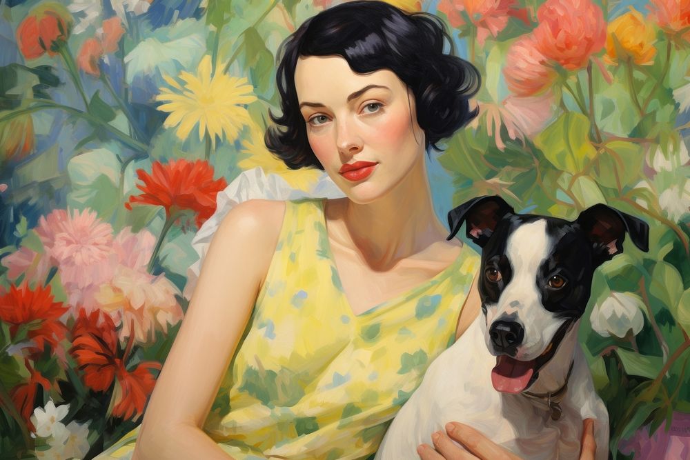 Modern casual woman with dog in the garden painting portrait mammal.
