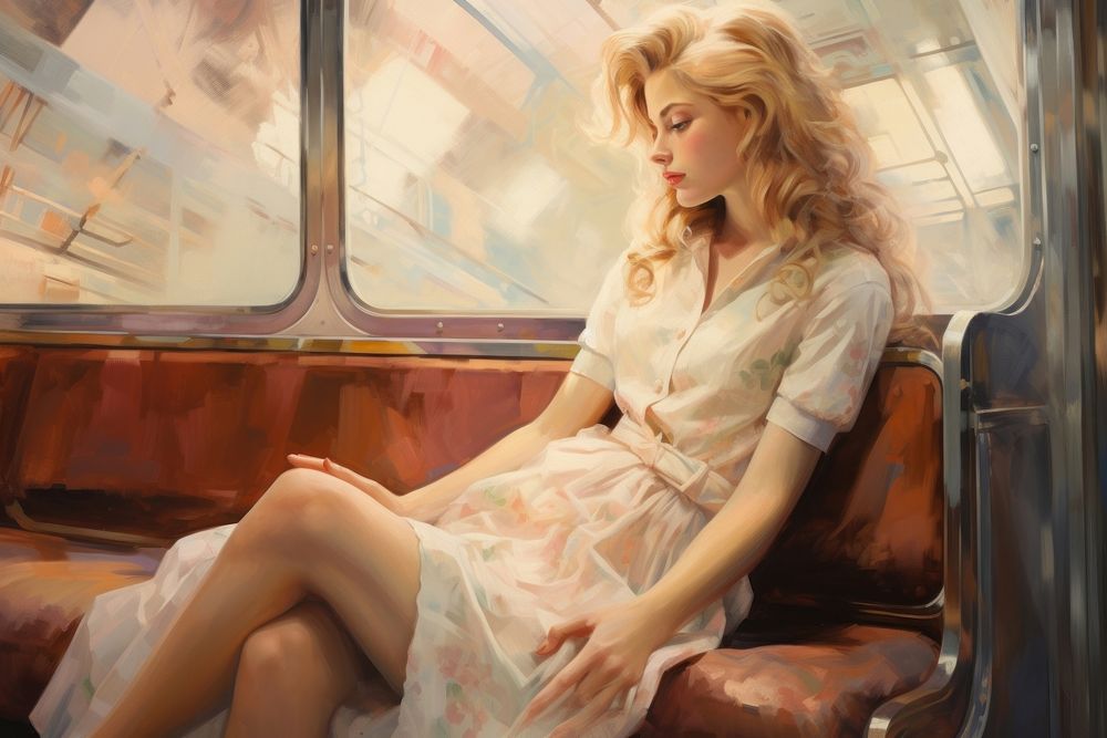 Modern casual woman sit in the train fashion sitting dress.