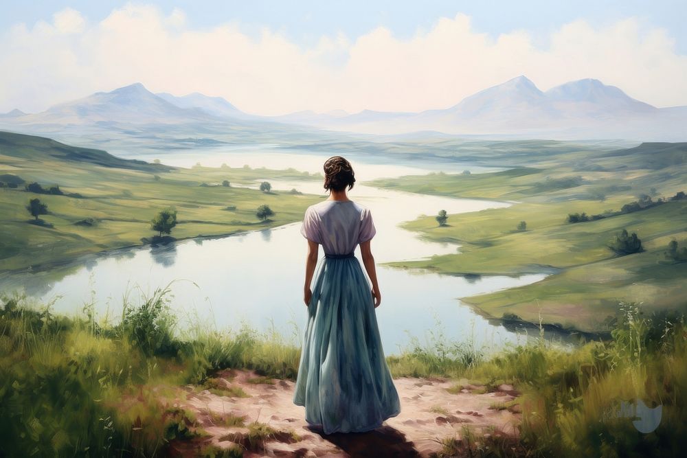 Blue lake green hill landscape painting dress.