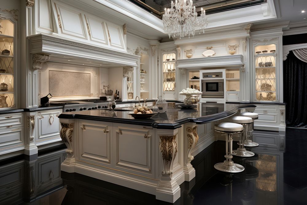 General view of luxury kitchen countertop furniture architecture.