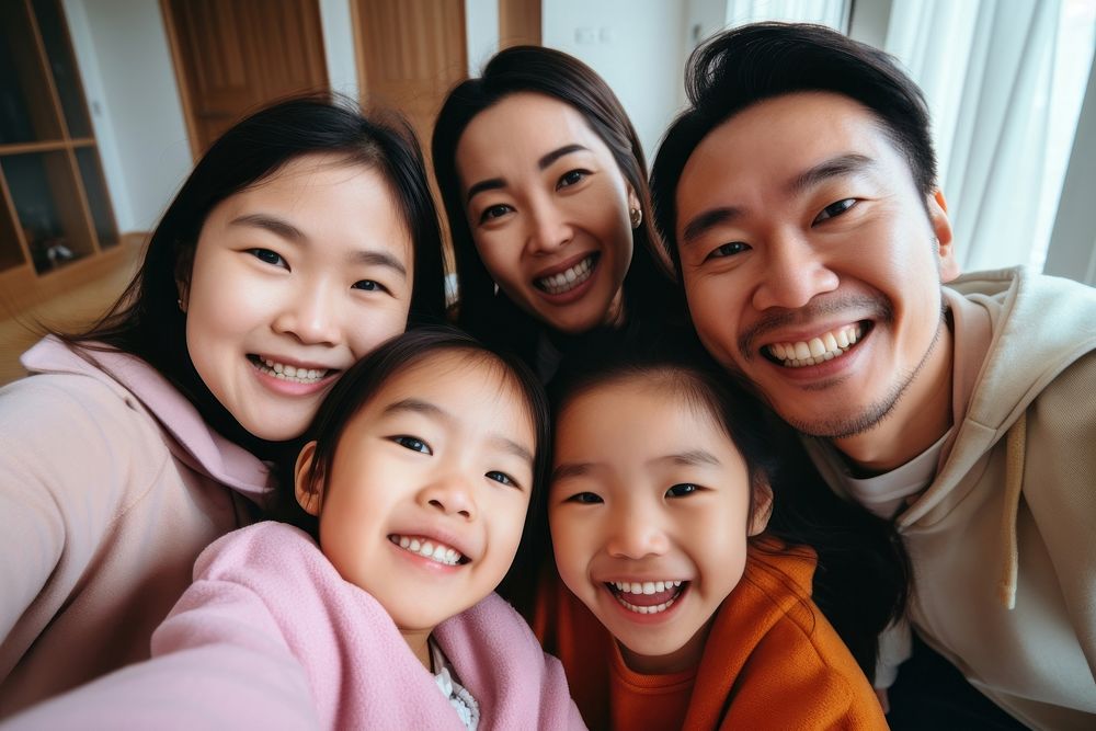 Happy cheerful Asian family dad selfie adult happy.