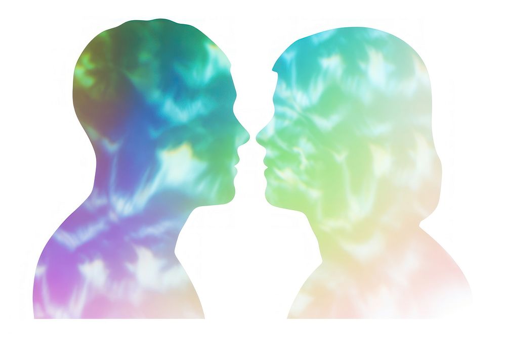 Holography woman and man head silhouette facing each other adult love white background.