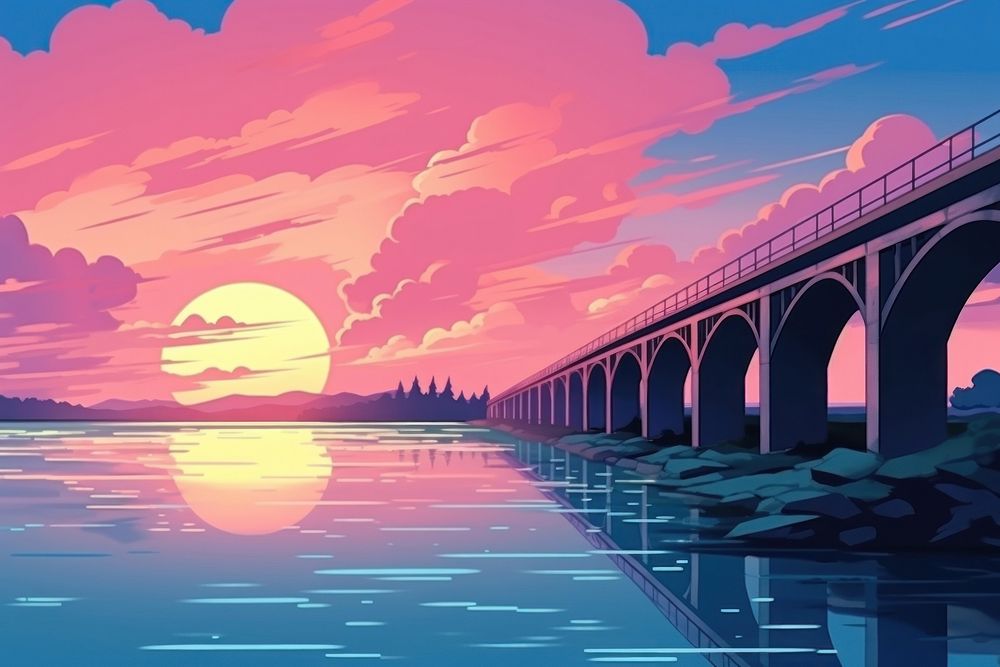 Bridge over river landscape outdoors sunset.