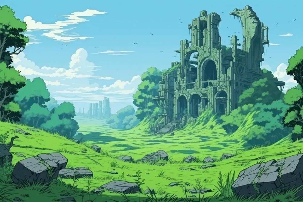 Fairy ruin in green hills landscape ruins architecture.