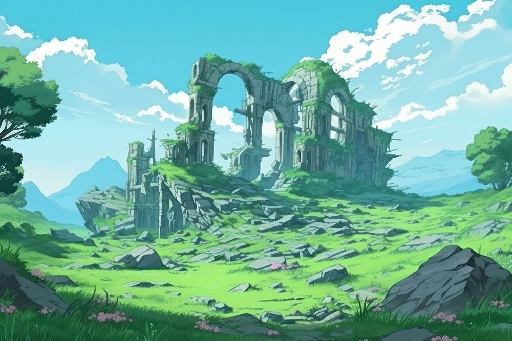 Fairy ruin in green hills ruins architecture landscape.