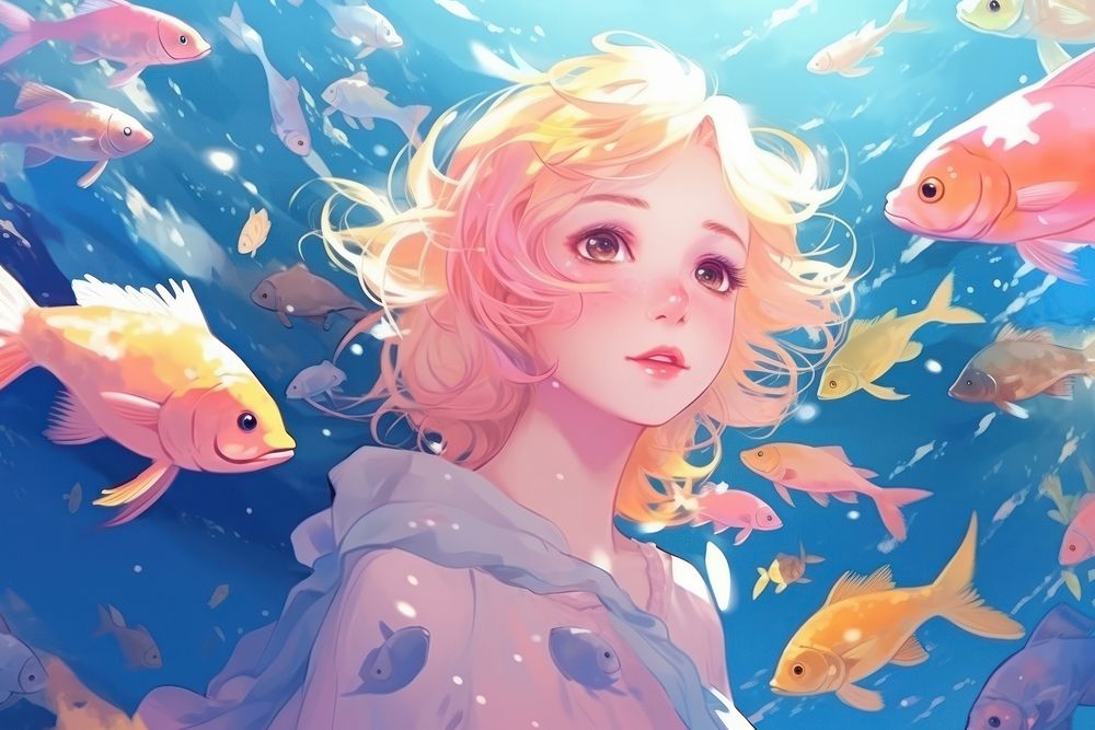 Undersea with fish adult anime blue. AI generated Image by rawpixel.