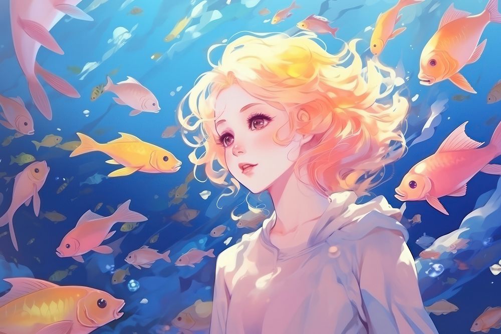 Undersea with fish adult anime underwater. AI generated Image by rawpixel.