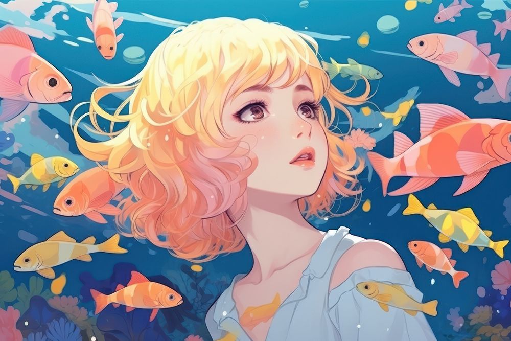 Undersea with fish anime adult underwater. AI generated Image by rawpixel.