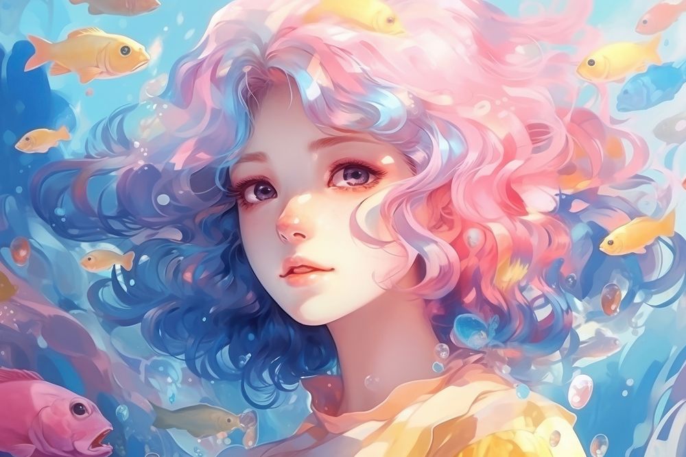 Undersea with fish anime blue pink. AI generated Image by rawpixel.