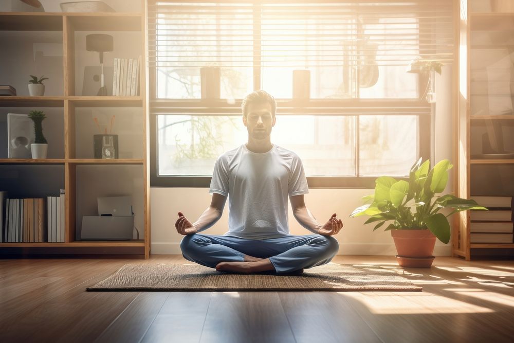 Man sitting on a yoga pose meditating sports adult.