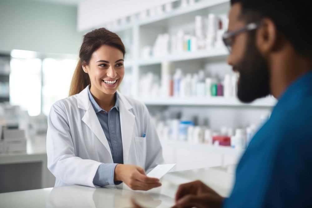 A pharmacist woman customer medicine smiling. AI generated Image by rawpixel.