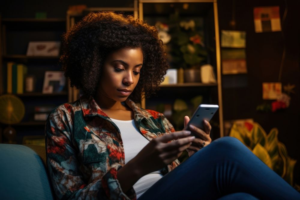Young Black woman managing online banking with smartphone sitting on the sofa adult head portability.