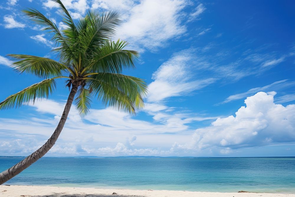 Palm tree on tropical beach with blue sky outdoors tropics horizon.