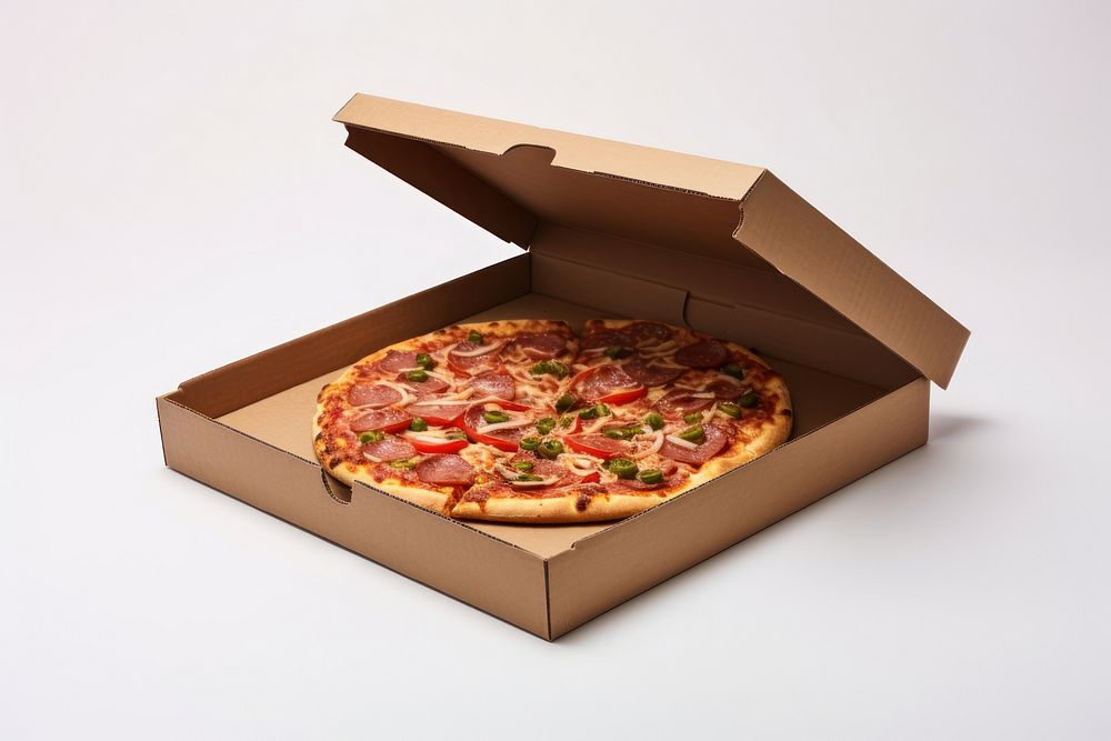 Paper carton take away pizza box paper food white background.