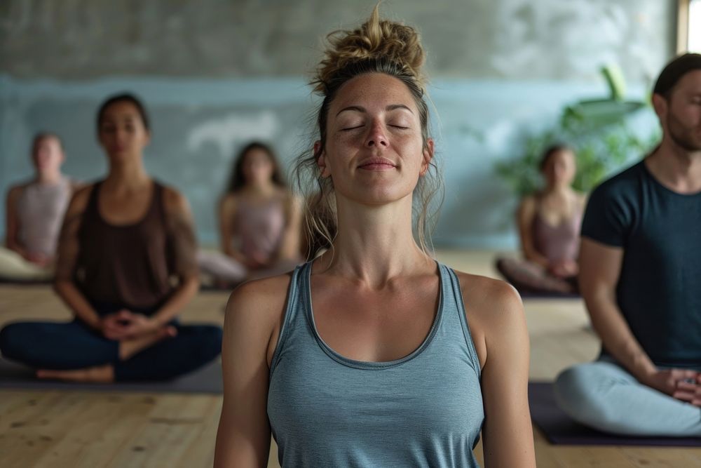 People in a yoga class meditating sports person adult. AI generated Image by rawpixel.