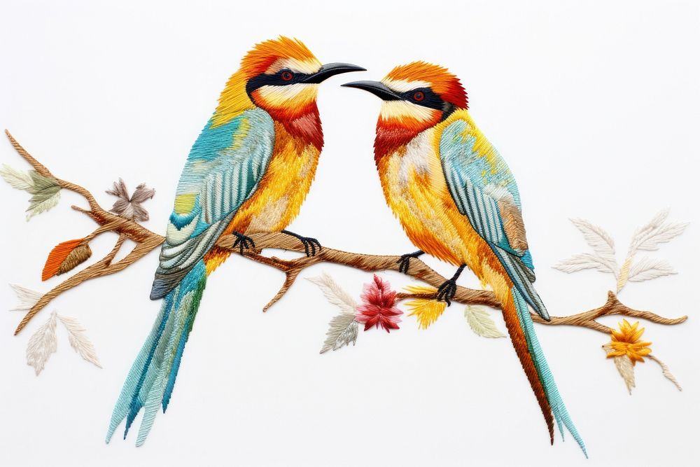 2 bird in embroidery style animal beak art.