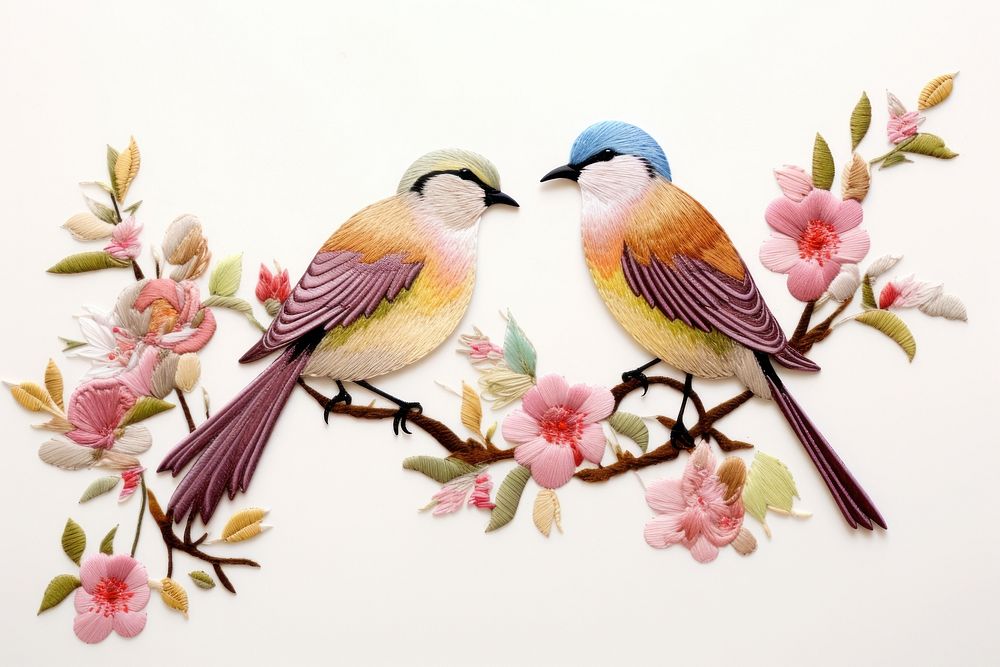 2 bird in embroidery style animal art creativity.