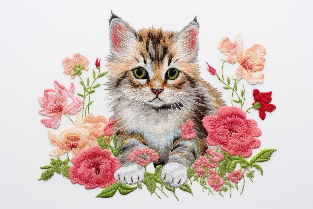 Cat with flower in embroidery style drawing mammal animal.