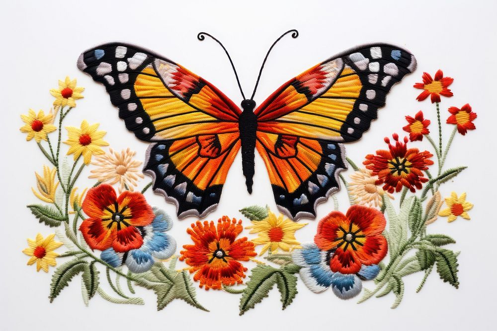 Butterfly and flower in embroidery style needlework pattern insect.