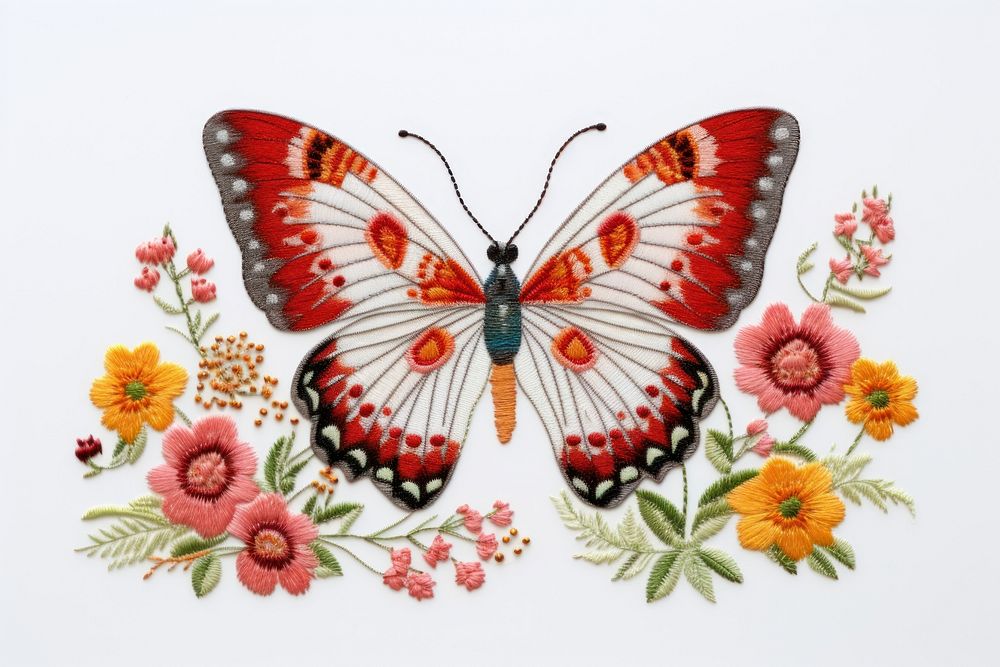 Butterfly and flower in embroidery style needlework pattern plant.