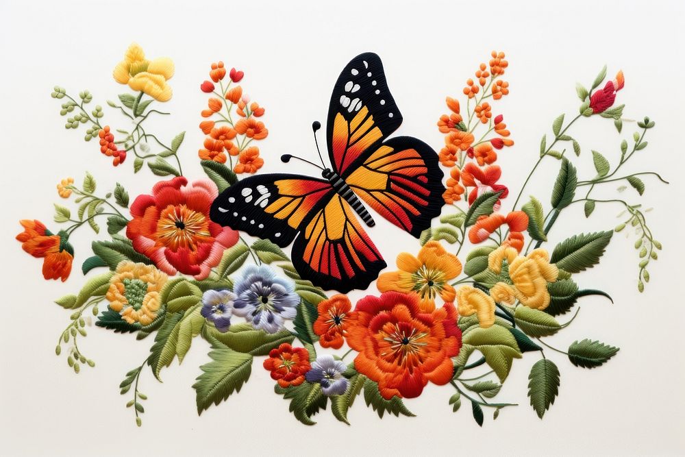 Butterfly and flower in embroidery style needlework pattern insect.