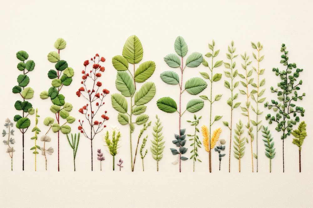 Group of plant in embroidery style pattern herbs leaf.