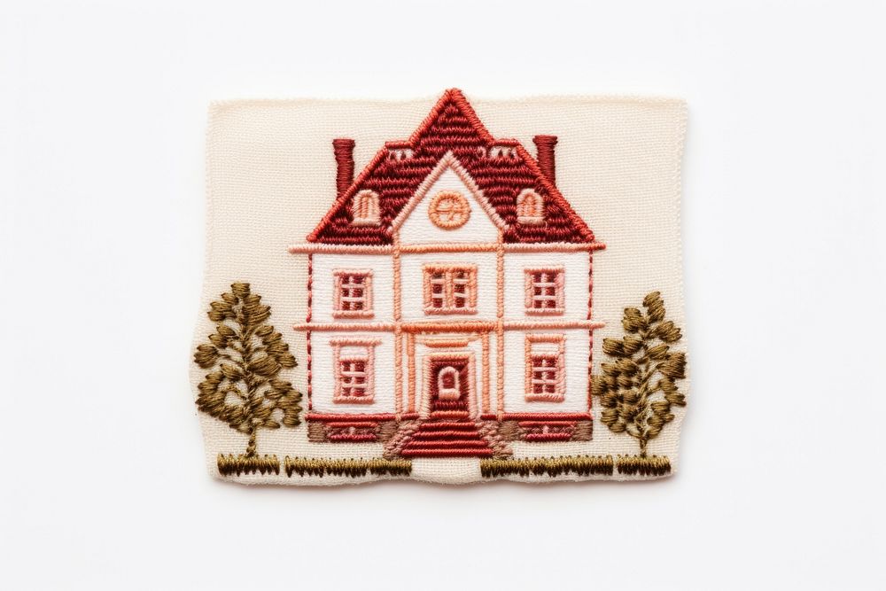 Europian house in embroidery style needlework textile representation.